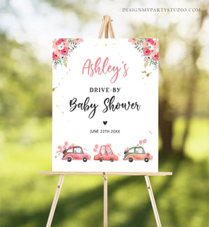 Editable Drive By Baby Shower Sign Welcome Pink Gold Floral Girl Couples Quarantine Party Drive Through Parade Yard Sign Corjl Template 0335