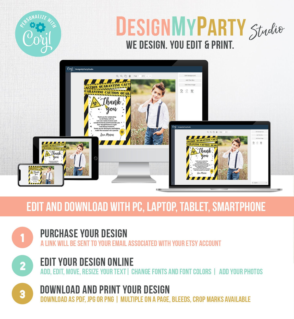 Editable Quarantine Birthday Thank You Card Virtual Party Drive By Thank You Yellow White Caution Instant Download Digital Corjl 0334