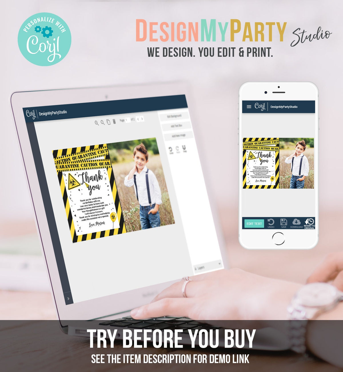 Editable Quarantine Birthday Thank You Card Virtual Party Drive By Thank You Yellow White Caution Instant Download Digital Corjl 0334