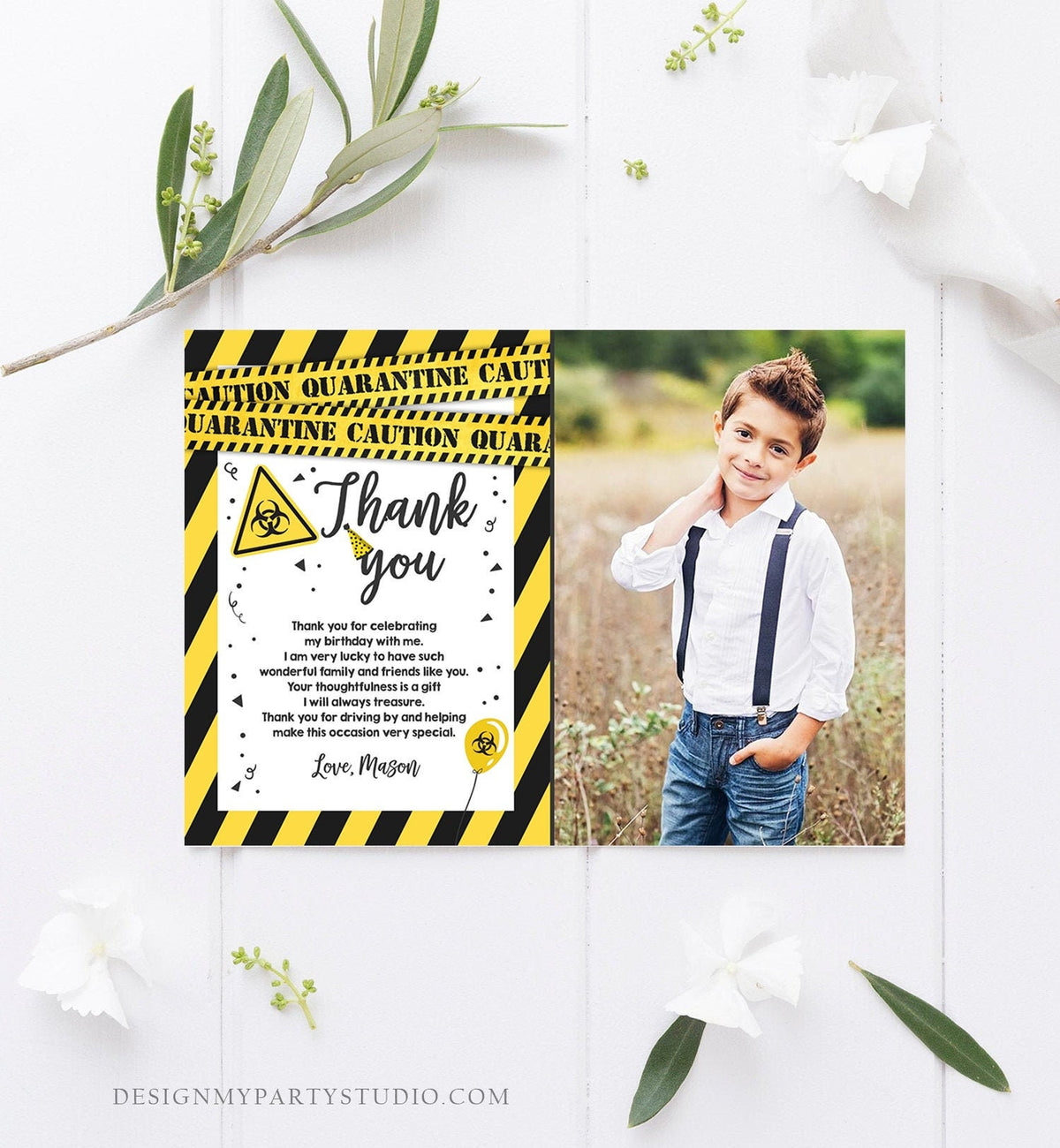 Editable Quarantine Birthday Thank You Card Virtual Party Drive By Thank You Yellow White Caution Instant Download Digital Corjl 0334