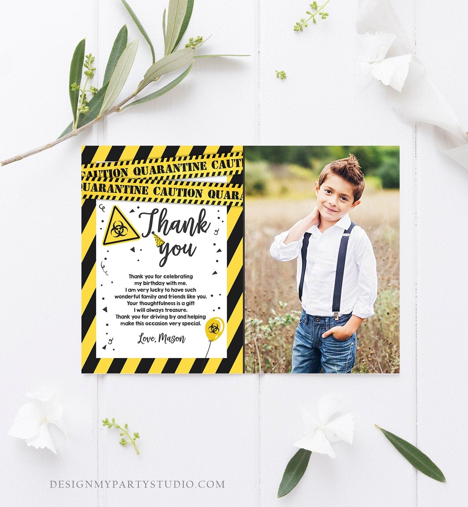 Editable Quarantine Birthday Thank You Card Virtual Party Drive By Thank You Yellow White Caution Instant Download Digital Corjl 0334