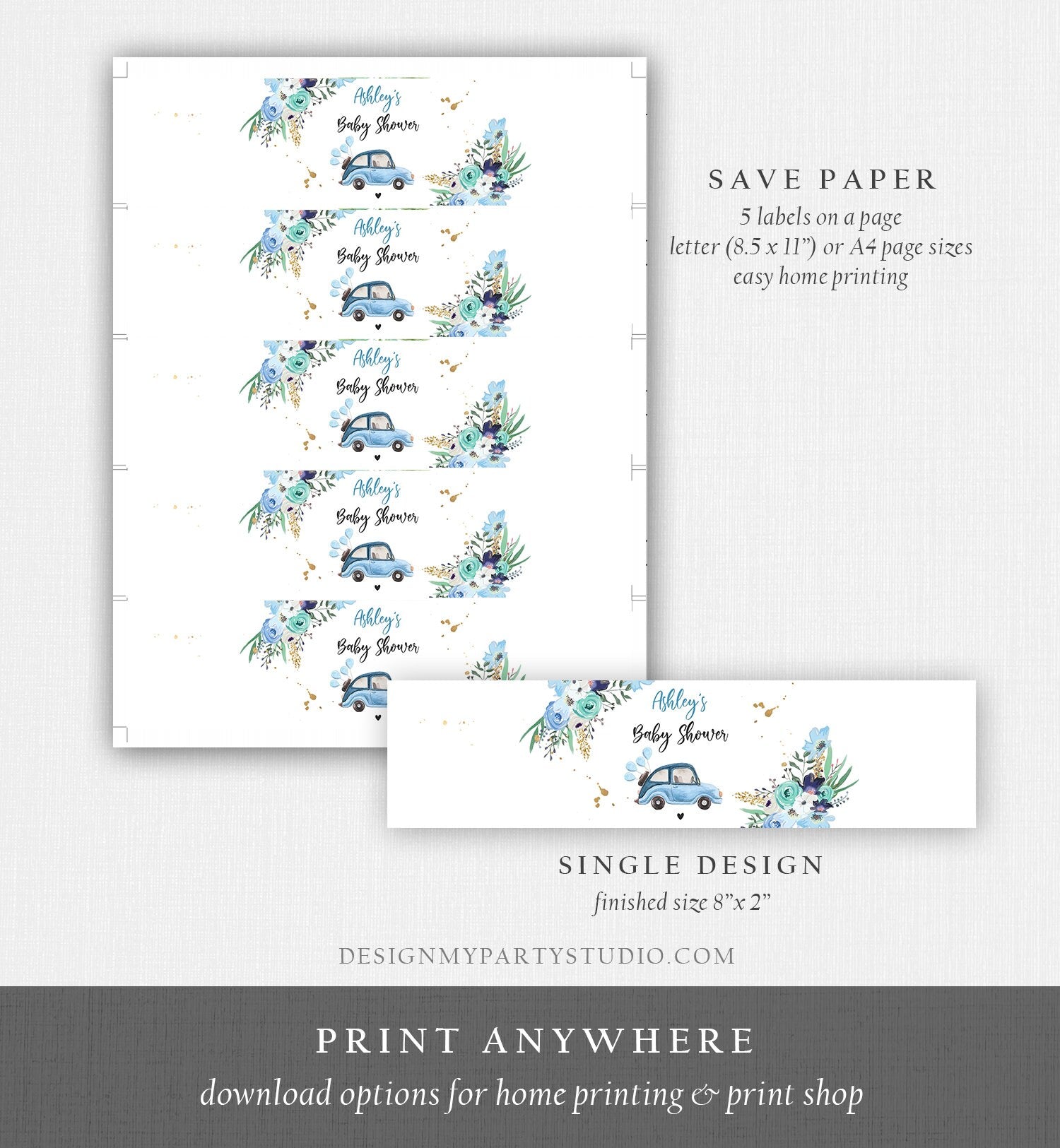 Editable Water Bottle Labels Drive By Baby Shower Decor Boy Blue Gold Floral Flowers Quarantine Printable Bottle Label Template Corjl 0335