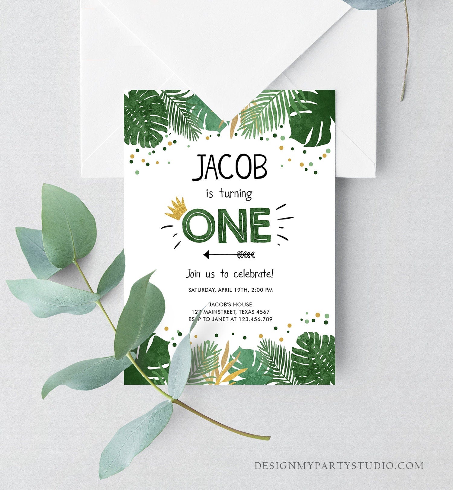 Editable Safari First Birthday Invitation Jungle Boy Gold 1st Birthday Rustic Leaves Wild Things Arrow Crown Corjl Template Printable 0332