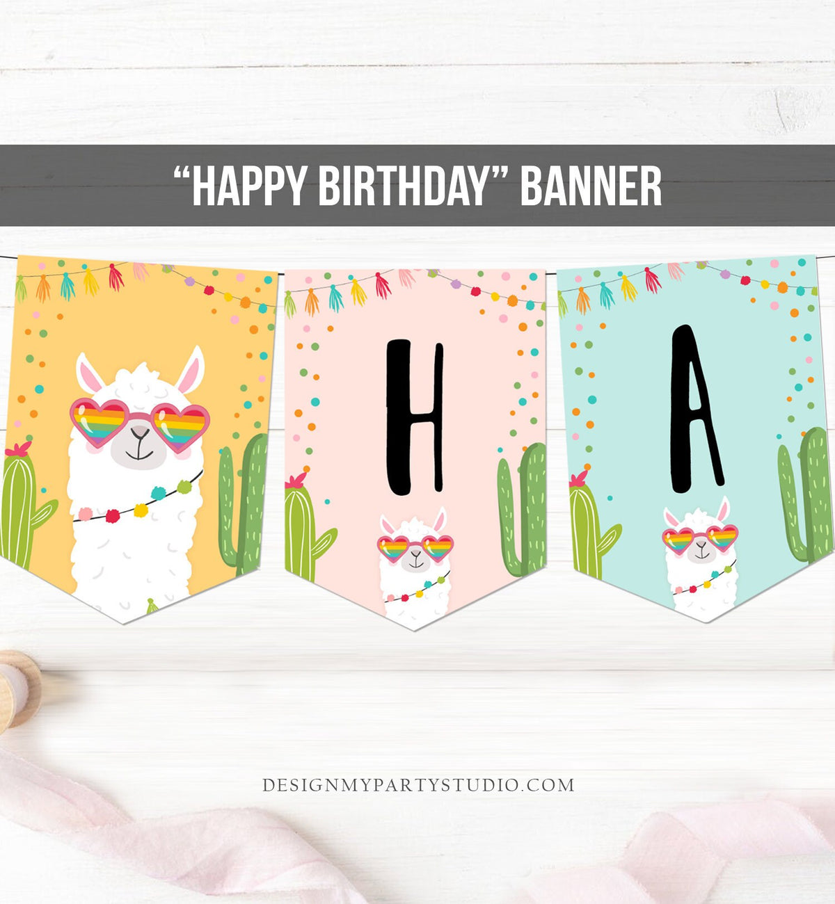 Happy Birthday Banner Llama Birthday Banner Fiesta Birthday Girl Cactus Llama Decoration Pink Heart Sunglasses PRINTABLE DIGITAL DIY 0079