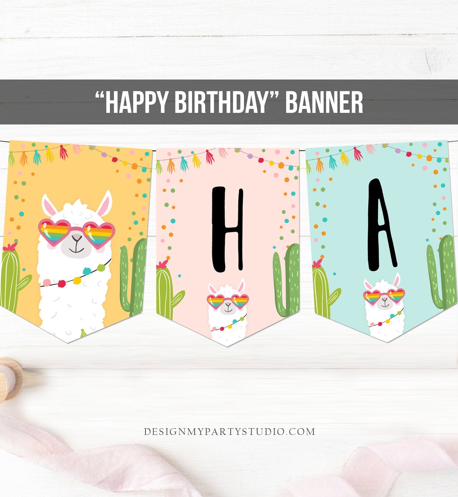 Happy Birthday Banner Llama Birthday Banner Fiesta Birthday Girl Cactus Llama Decoration Pink Heart Sunglasses PRINTABLE DIGITAL DIY 0079