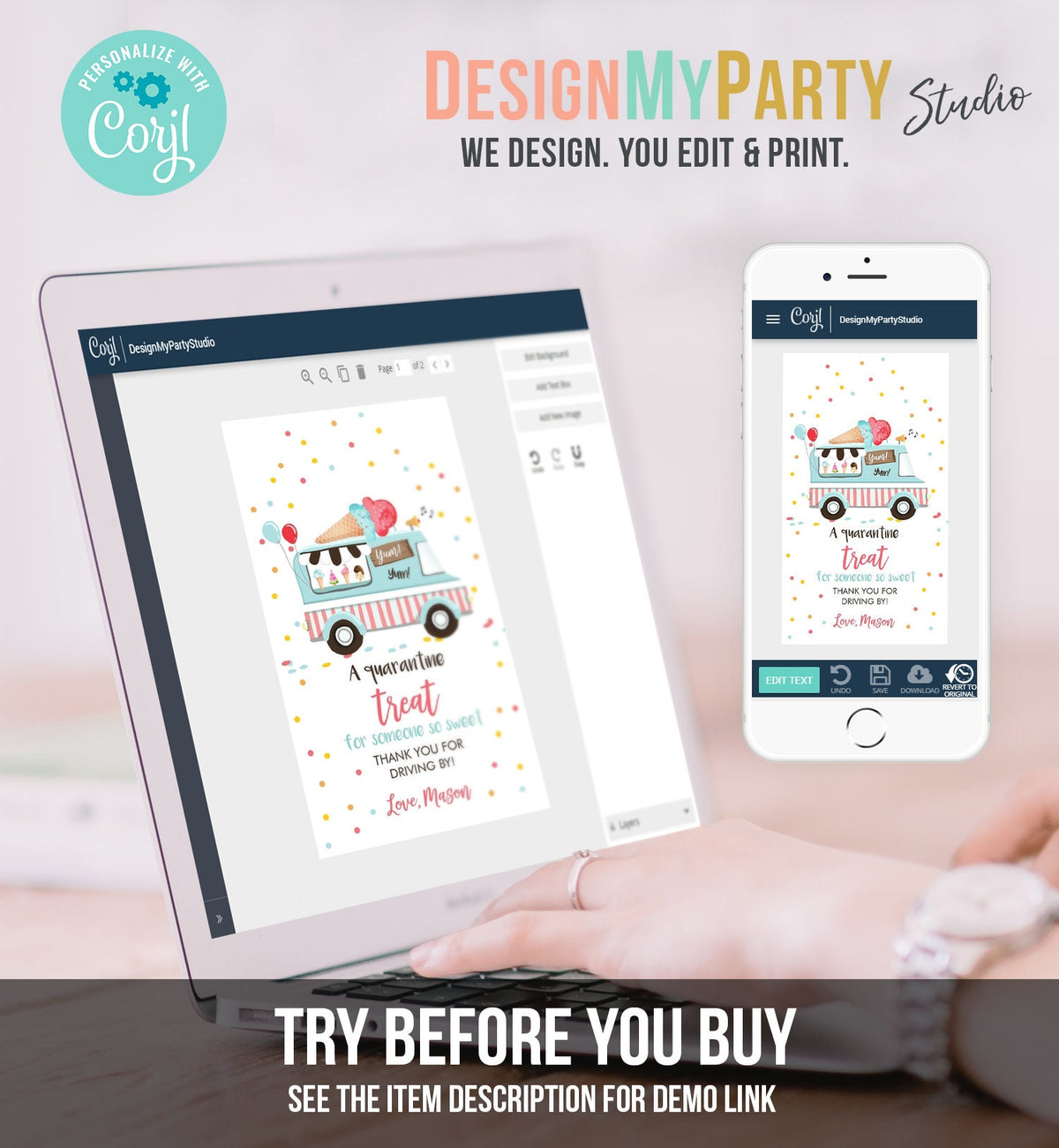 Editable Drive By Favor Tag Drive Through Ice Cream Truck Birthday Thank You Gift Tags Quarantine Ice Cream Parade Neutral Boy Corjl 0243