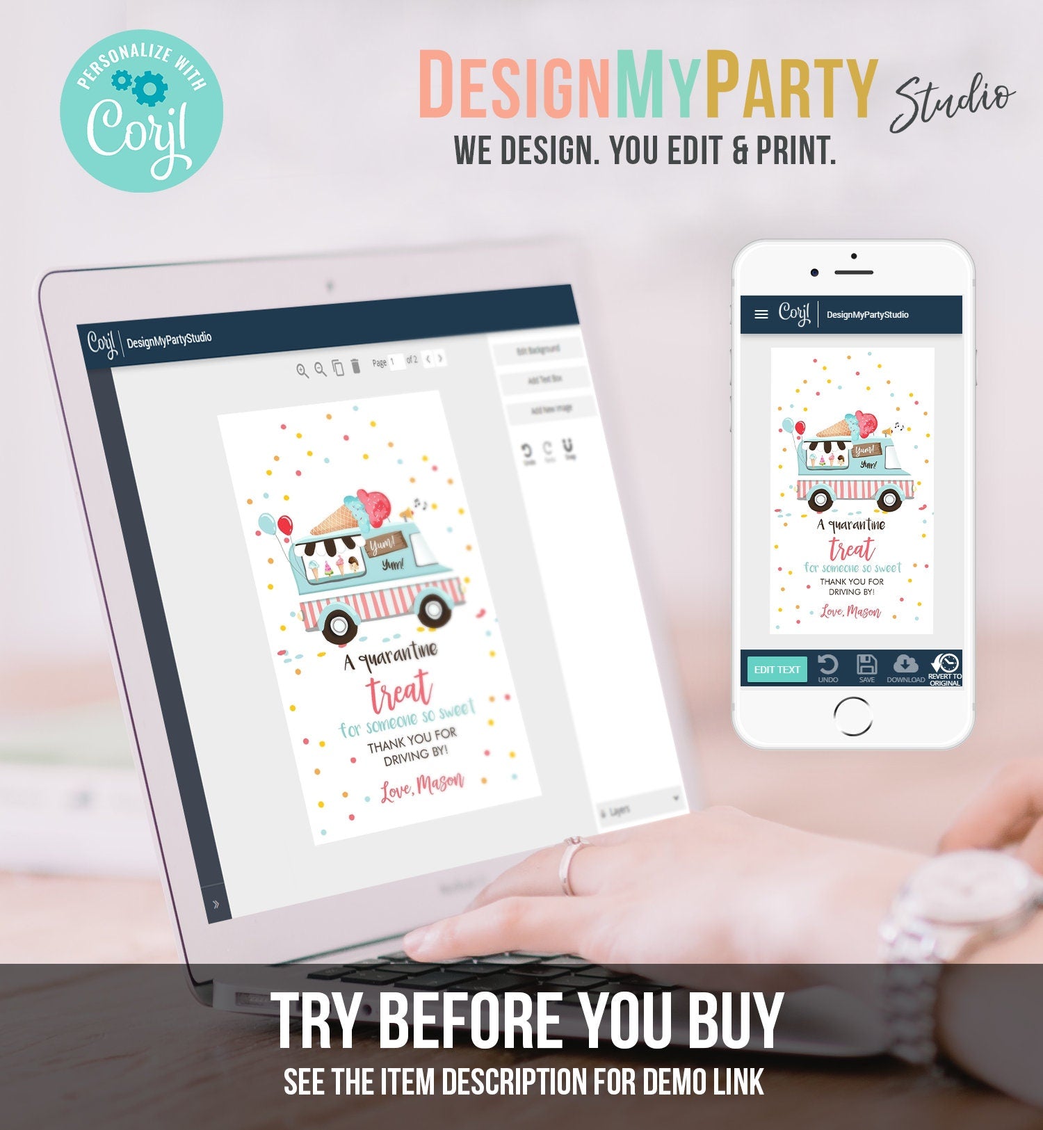 Editable Drive By Favor Tag Drive Through Ice Cream Truck Birthday Thank You Gift Tags Quarantine Ice Cream Parade Neutral Boy Corjl 0243