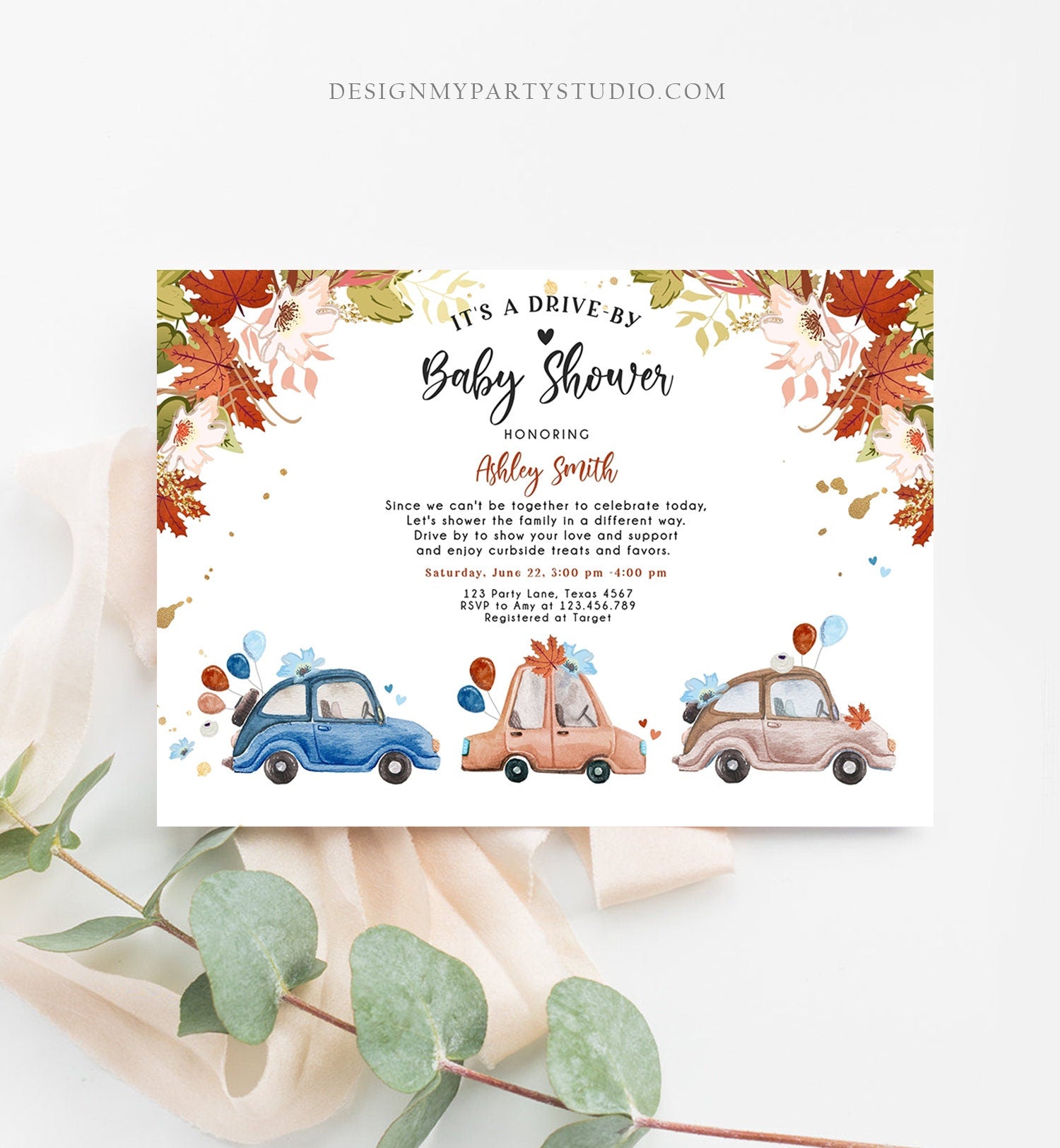 Editable Fall Drive By Baby Shower Invitation Navy Blue Floral Boy Coed Shower Quarantine Drive Through Autumn Template Download Corjl 0335