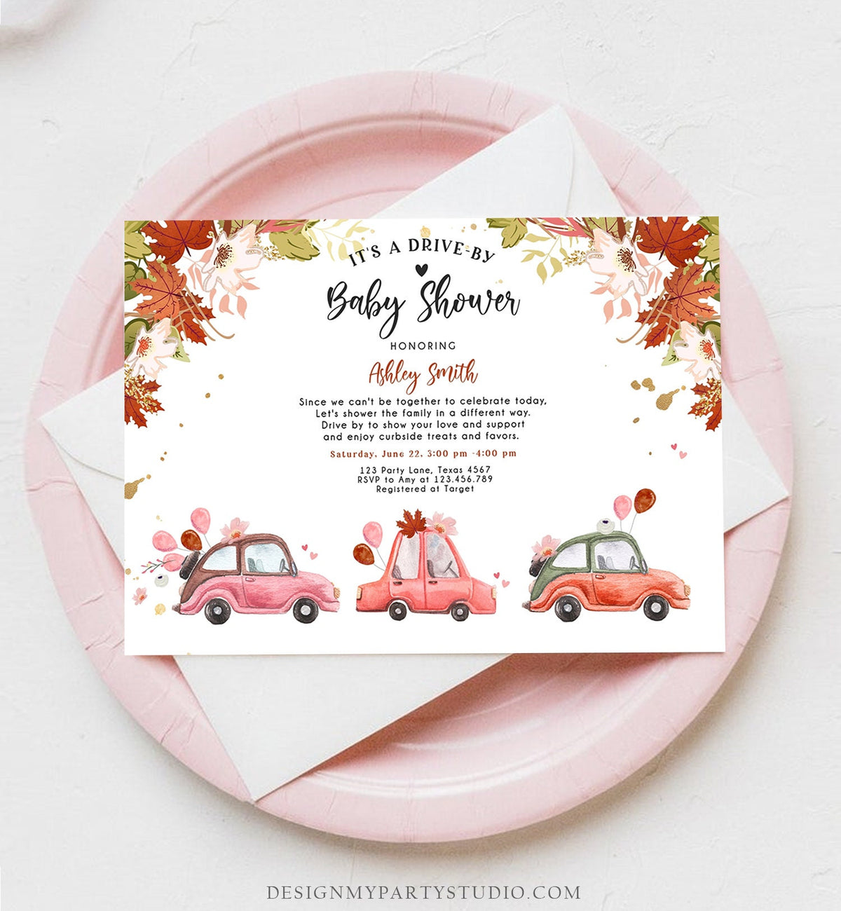 Editable Fall Drive By Baby Shower Invitation Pink Gold Floral Girl Coed Shower Quarantine Drive Through Autumn Template Download Corjl 0335