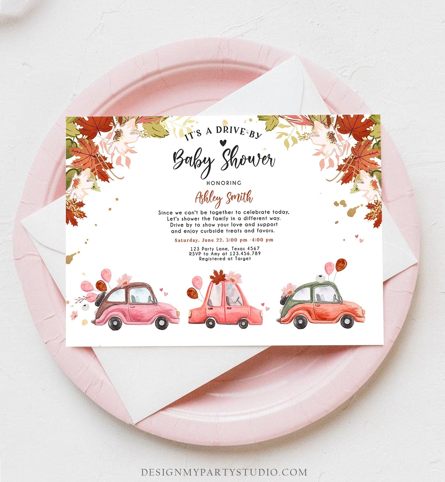 Editable Fall Drive By Baby Shower Invitation Pink Gold Floral Girl Coed Shower Quarantine Drive Through Autumn Template Download Corjl 0335