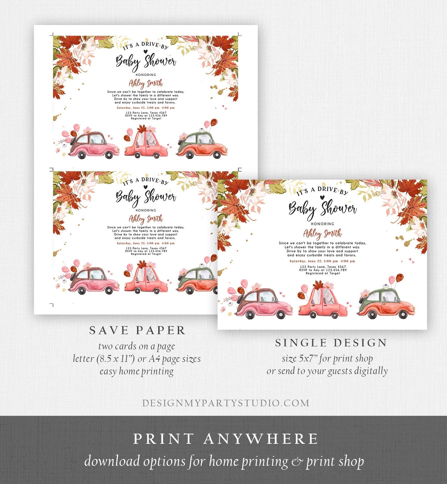 Editable Fall Drive By Baby Shower Invitation Pink Gold Floral Girl Coed Shower Quarantine Drive Through Autumn Template Download Corjl 0335