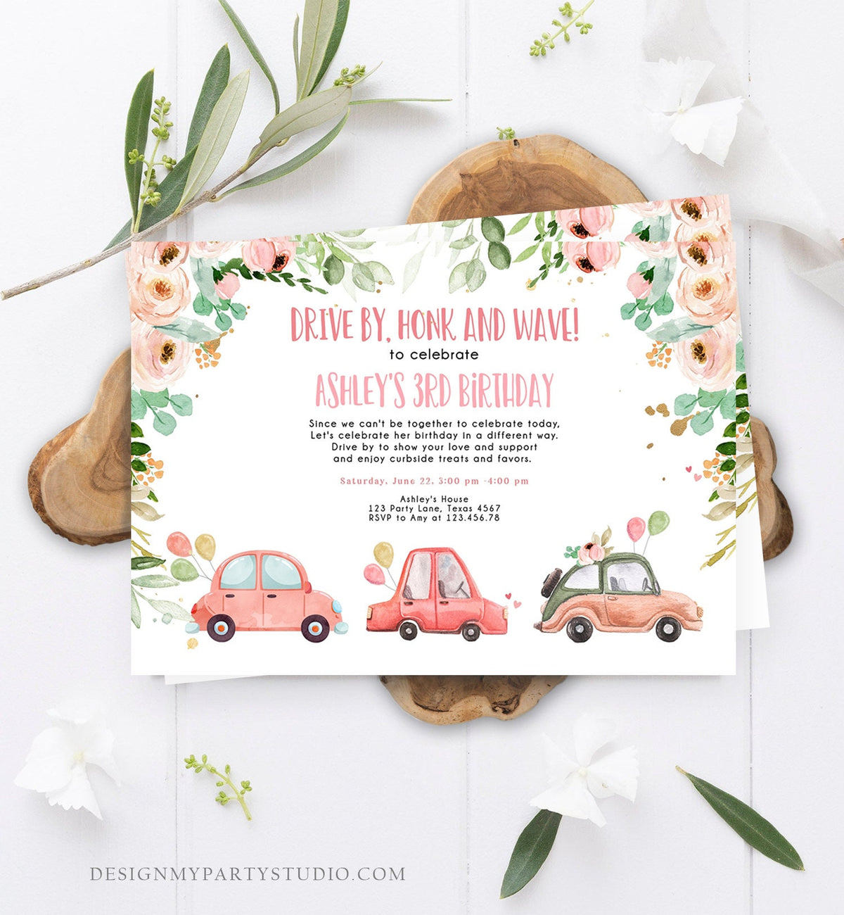 Editable Drive By Birthday Parade Invitation Virtual Party Invite Honk Wave Car Girl Pink Quarantine Instant Download Digital Corjl 0346