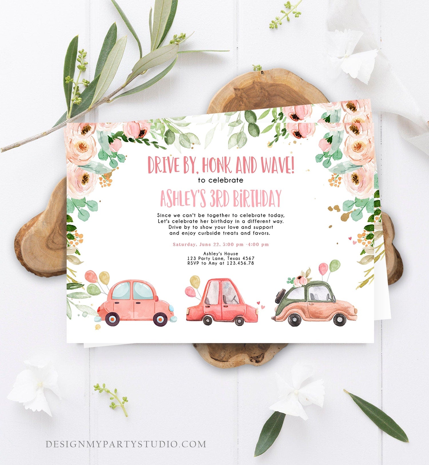Editable Drive By Birthday Parade Invitation Virtual Party Invite Honk Wave Car Girl Pink Quarantine Instant Download Digital Corjl 0346