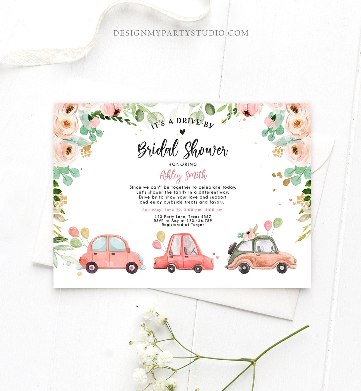 Editable Drive By Bridal Shower Invitation Couples Shower Invite Quarantine Drive Trough Floral Wedding Shower Template Download Corjl 0346
