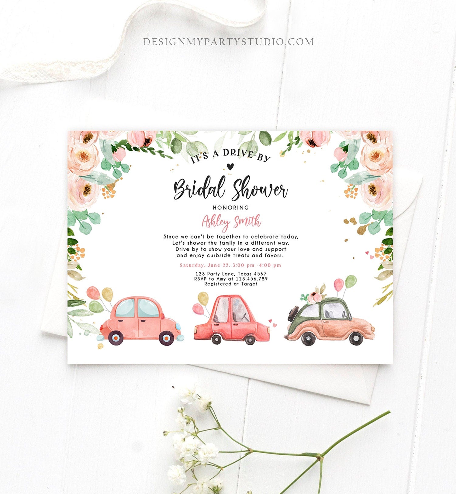 Editable Drive By Bridal Shower Invitation Couples Shower Invite Quarantine Drive Trough Floral Wedding Shower Template Download Corjl 0346