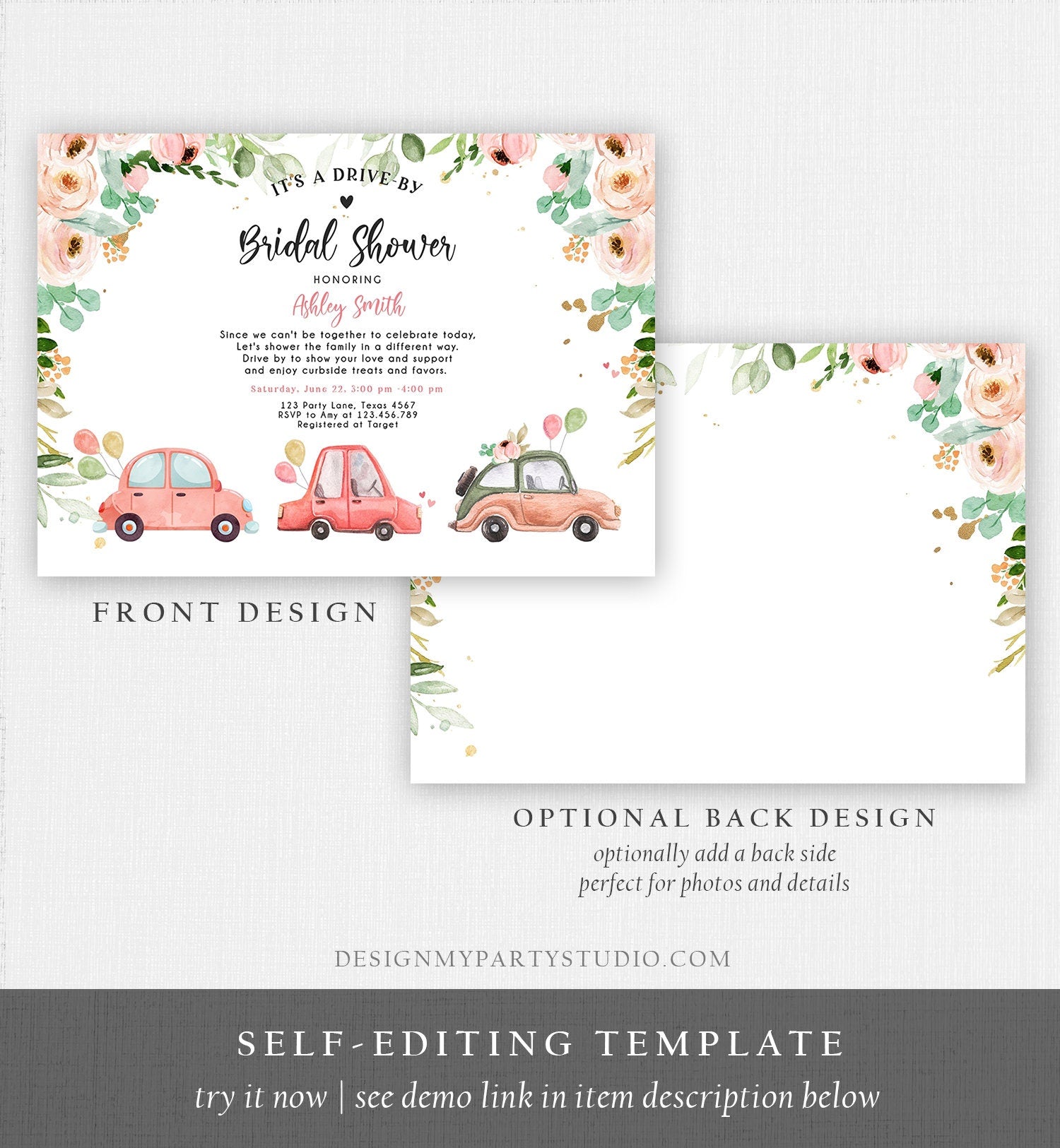 Editable Drive By Bridal Shower Invitation Couples Shower Invite Quarantine Drive Trough Floral Wedding Shower Template Download Corjl 0346