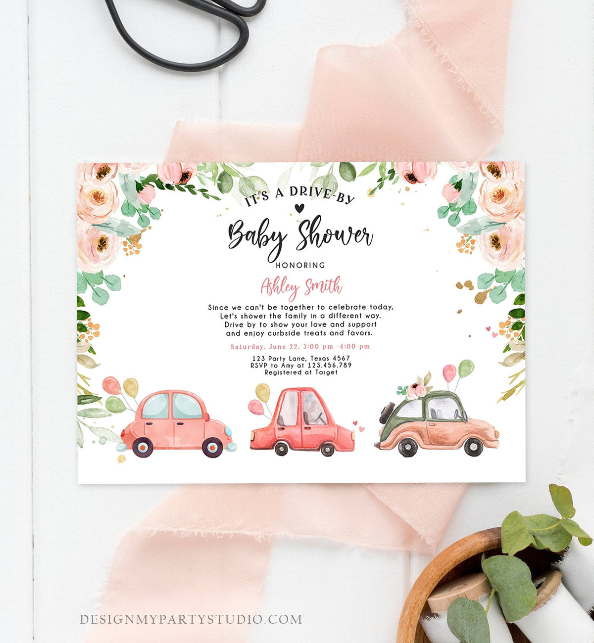 Editable Drive By Baby Shower Invitation Pink Girl Baby Shower Invite Quarantine Drive Trough Floral Sprinkle Template Download Corjl 0346