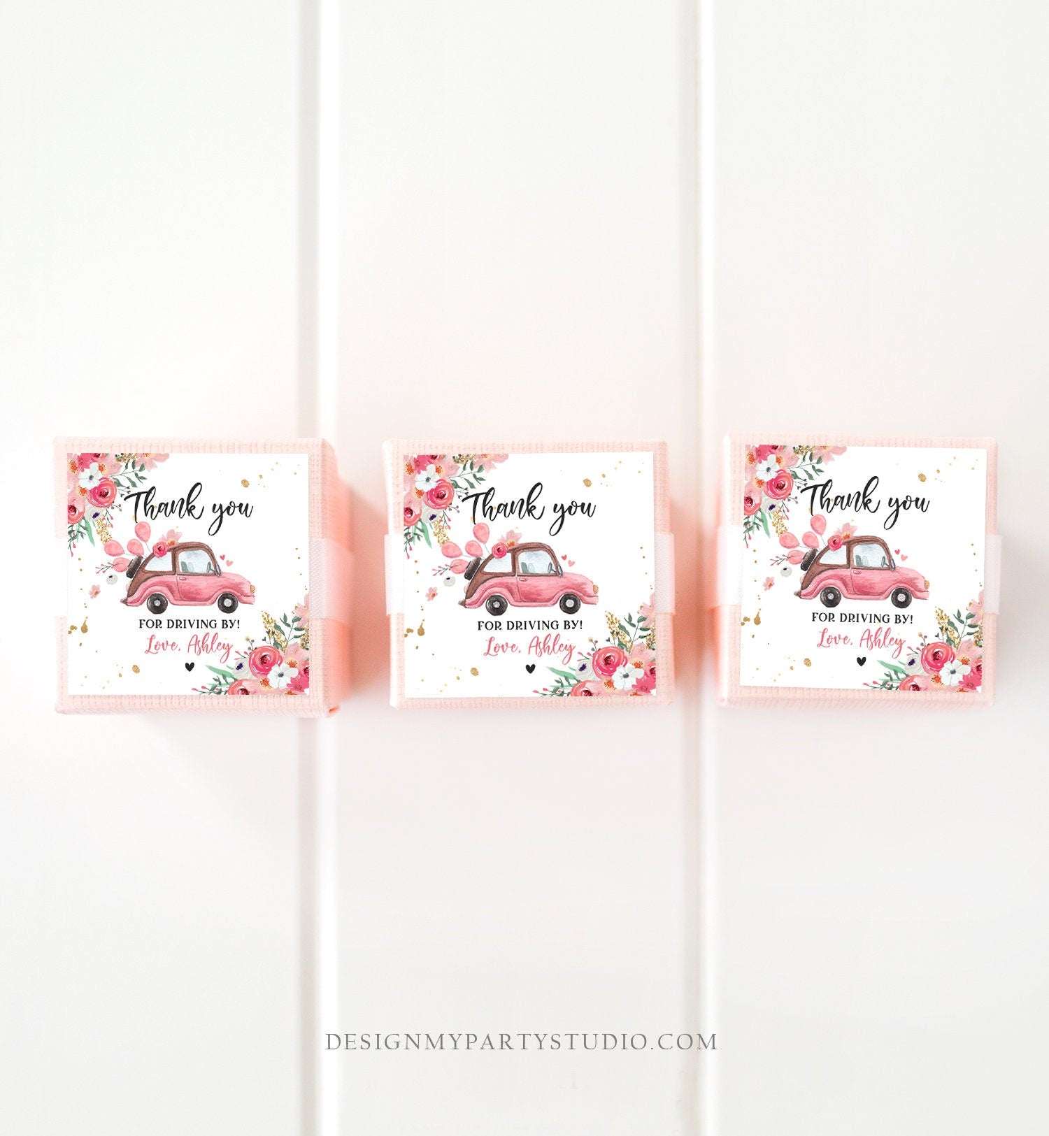 Editable Drive By Favor Tag Thank You Driving By Baby Shower Birthday Parade Gift Tags Quarantine Pink Floral Car Girl Corjl Template 0335