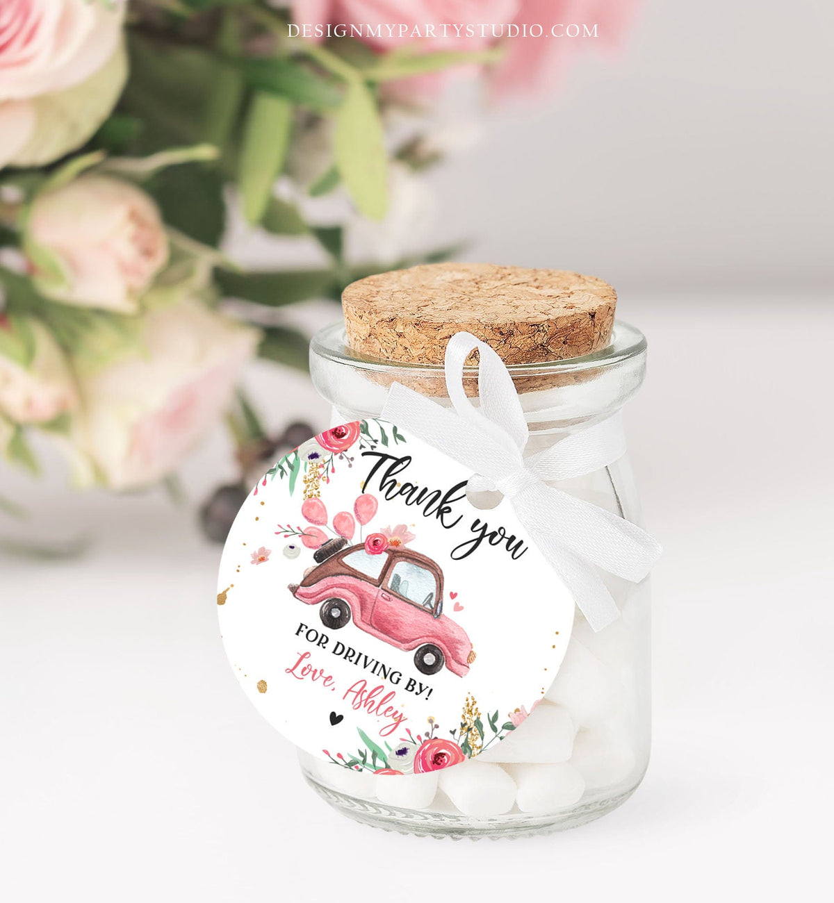 Editable Drive By Favor Tag Thank You Driving By Baby Shower Birthday Parade Gift Tags Quarantine Pink Floral Car Girl Corjl Template 0335