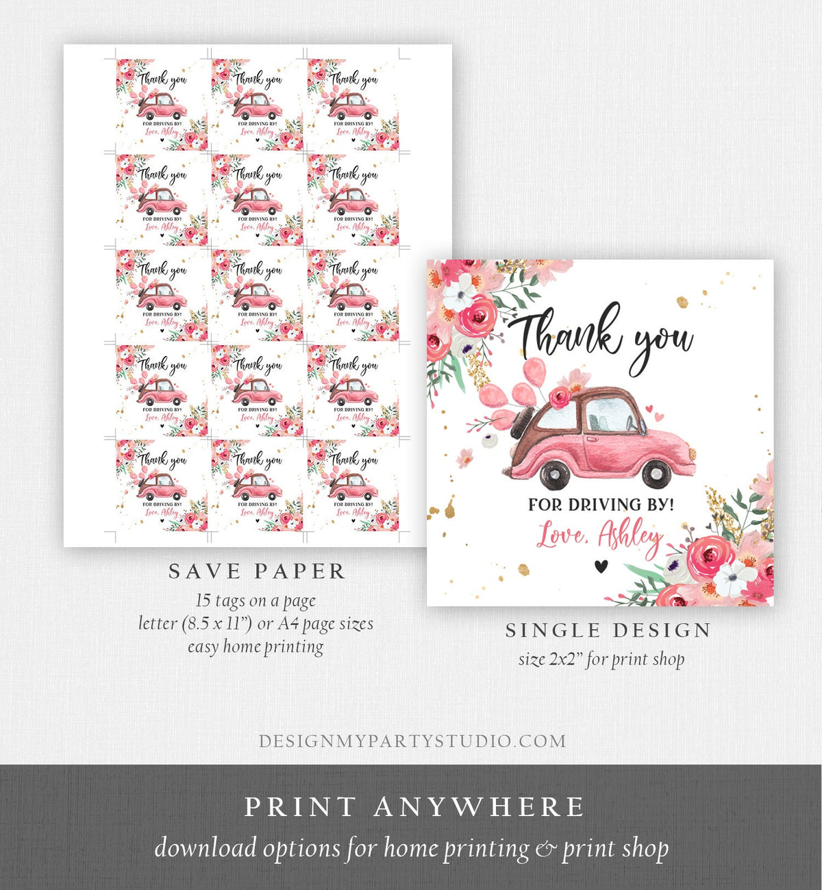 Editable Drive By Favor Tag Thank You Driving By Baby Shower Birthday Parade Gift Tags Quarantine Pink Floral Car Girl Corjl Template 0335