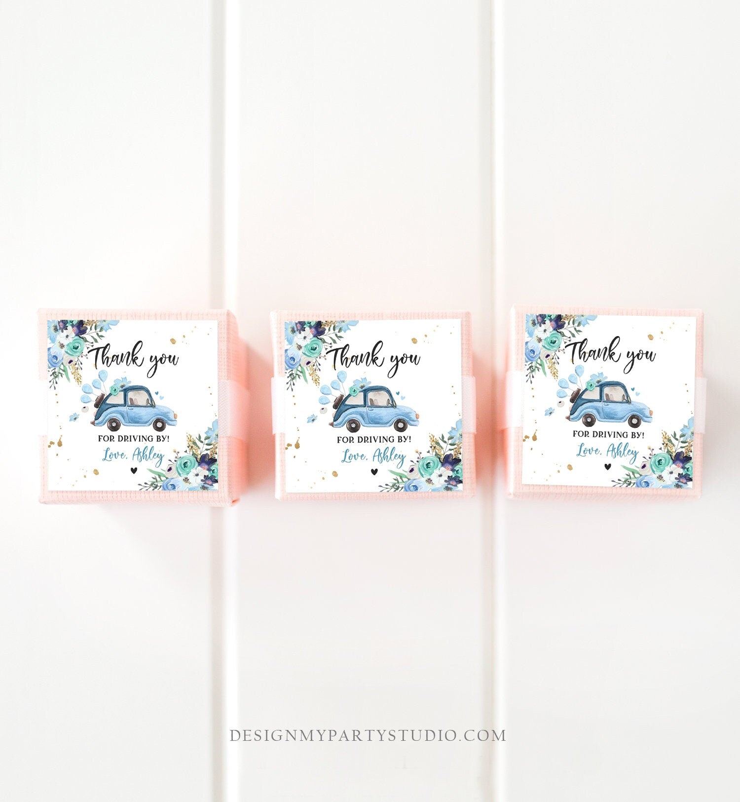 Editable Drive By Favor Tag Thank You Driving By Baby Shower Birthday Parade Gift Tags Quarantine Blue Floral Car Girl Corjl Template 0335