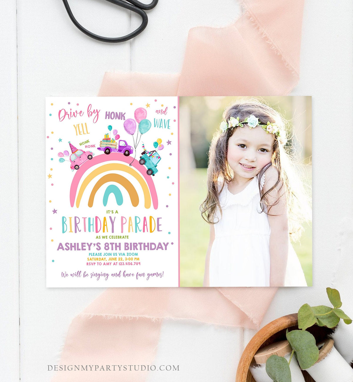 Editable Rainbow Drive By Birthday Parade Invitation Virtual Party Invite Honk Wave Car Girl Pink Quarantine Download Digital Corjl 0333