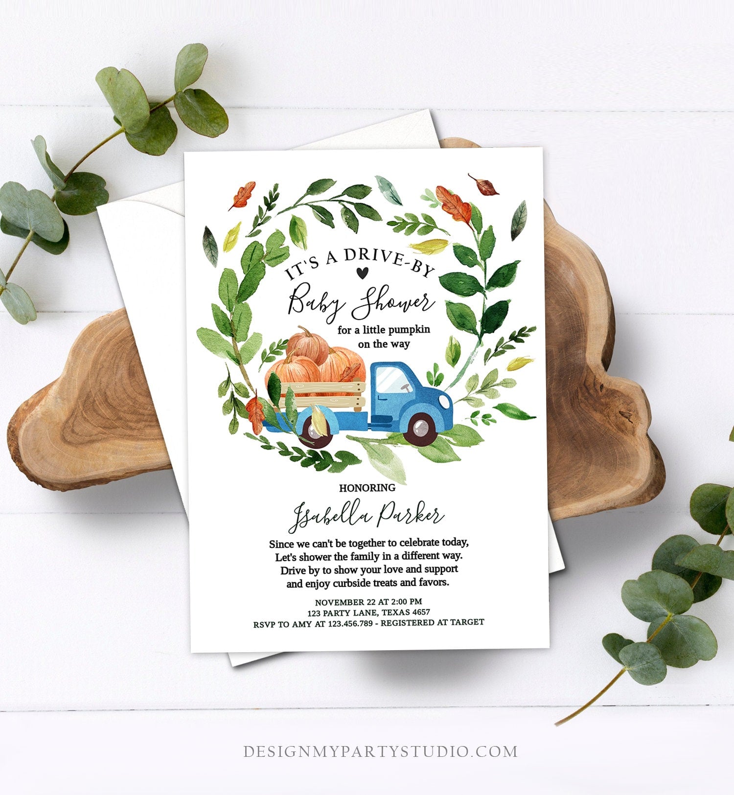 Editable Fall Drive By Baby Shower Invitation Blue Pumpkin Truck Boy Coed Shower Quarantine Drive Through Fall Autumn Template Corjl 0154
