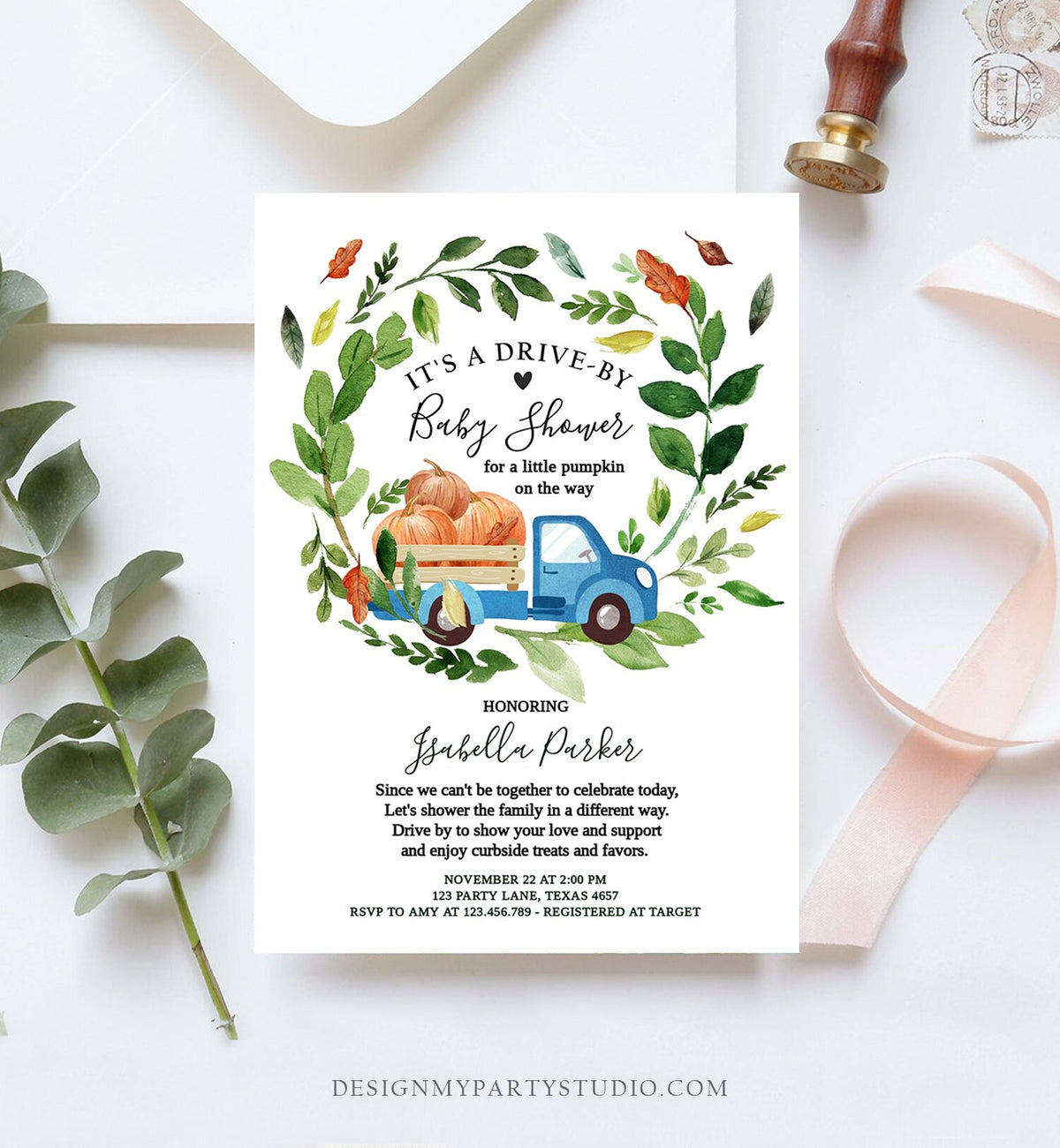 Editable Fall Drive By Baby Shower Invitation Blue Pumpkin Truck Boy Coed Shower Quarantine Drive Through Fall Autumn Template Corjl 0154
