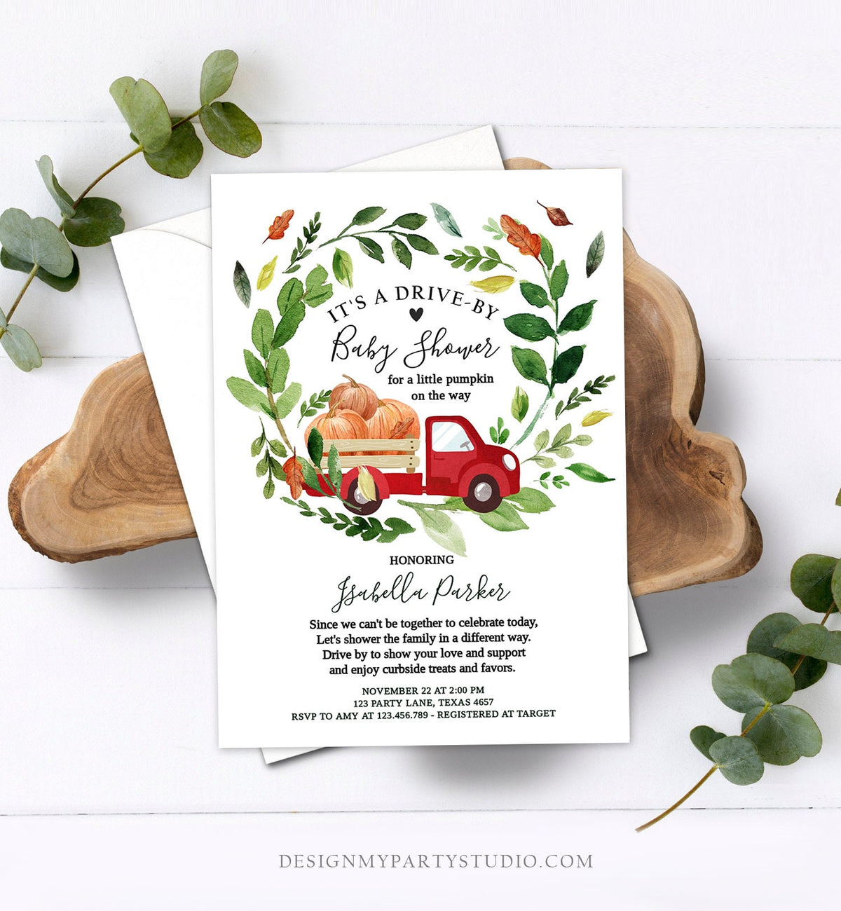 Editable Fall Drive By Baby Shower Invitation Red Pumpkin Truck Neutral Coed Shower Quarantine Drive Through Fall Autumn Template Corjl 0154