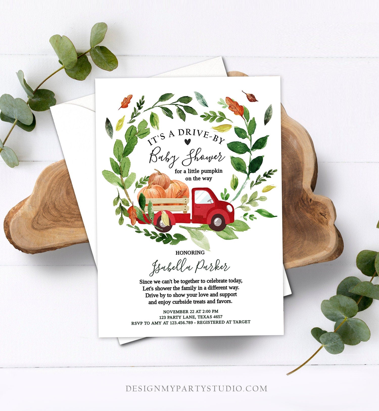 Editable Fall Drive By Baby Shower Invitation Red Pumpkin Truck Neutral Coed Shower Quarantine Drive Through Fall Autumn Template Corjl 0154