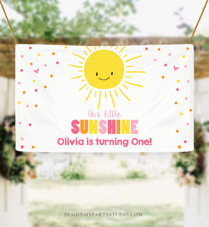 Editable Little Sunshine Birthday Backdrop Banner Pink Girl First Birthday Sign Welcome Sign Download Corjl Template Printable 0070