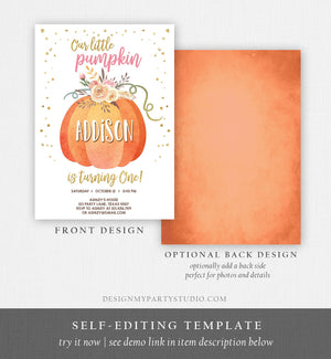 Editable Our Little Pumpkin Birthday Invitation Girl Pink Fall Autumn 1st Birthday Gold Confetti Download Corjl Template Printable 0194