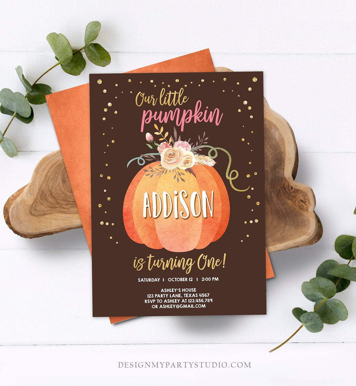 Editable Our Little Pumpkin Birthday Invitation Girl Pink Fall Autumn 1st Birthday Gold Confetti Download Corjl Template Printable 0194