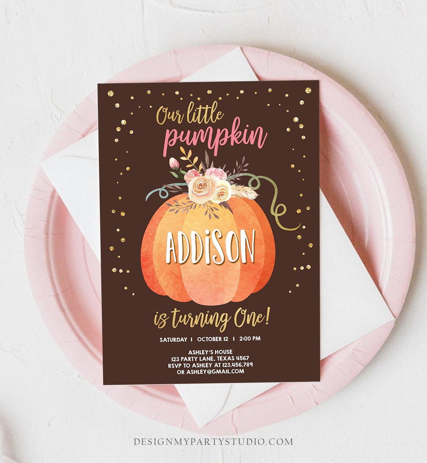Editable Our Little Pumpkin Birthday Invitation Girl Pink Fall Autumn 1st Birthday Gold Confetti Download Corjl Template Printable 0194