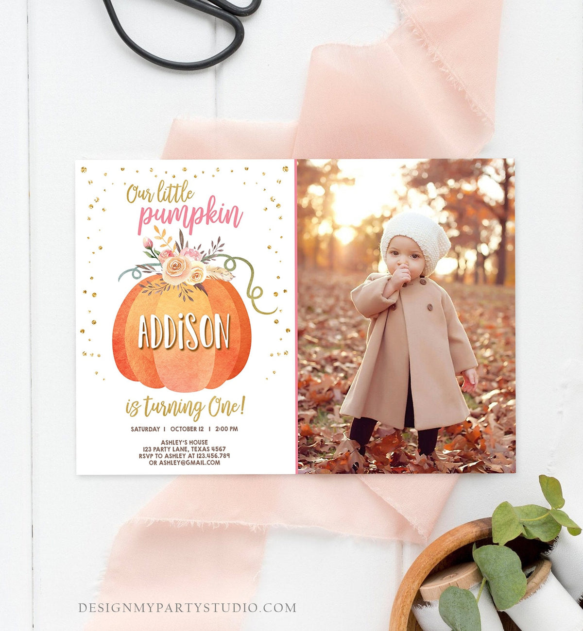 Editable Our Little Pumpkin Birthday Invitation Girl Pink Fall Autumn 1st Birthday Gold Confetti Download Corjl Template Printable 0194