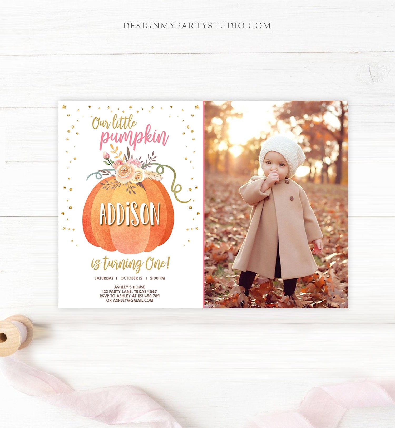 Editable Our Little Pumpkin Birthday Invitation Girl Pink Fall Autumn 1st Birthday Gold Confetti Download Corjl Template Printable 0194