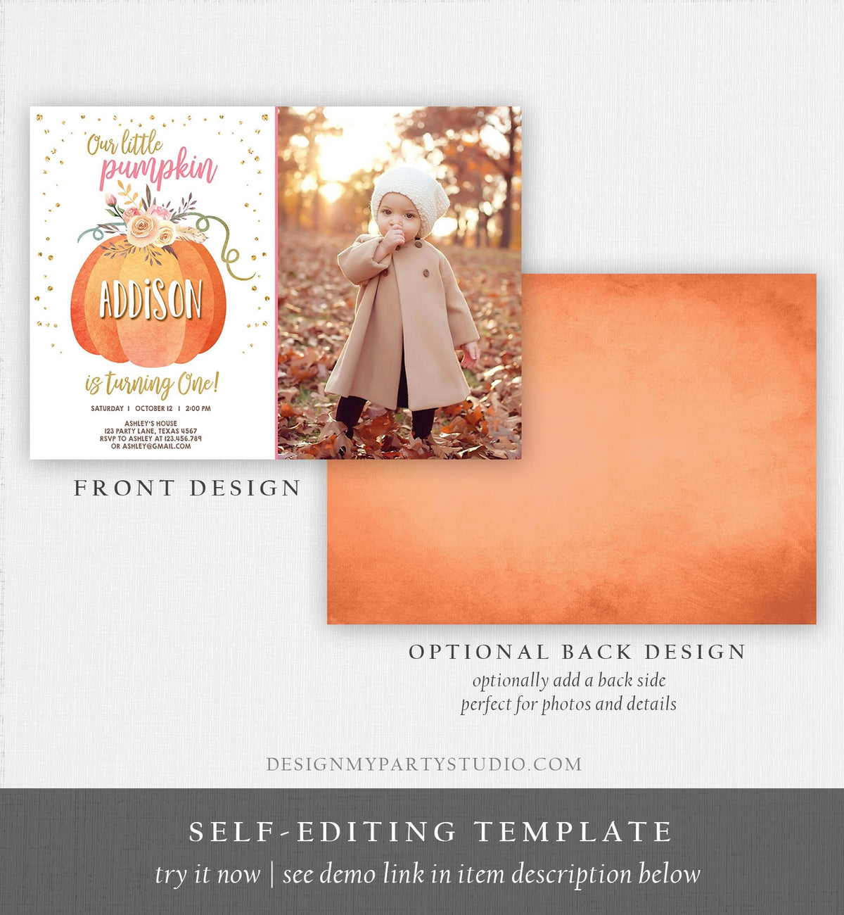 Editable Our Little Pumpkin Birthday Invitation Girl Pink Fall Autumn 1st Birthday Gold Confetti Download Corjl Template Printable 0194