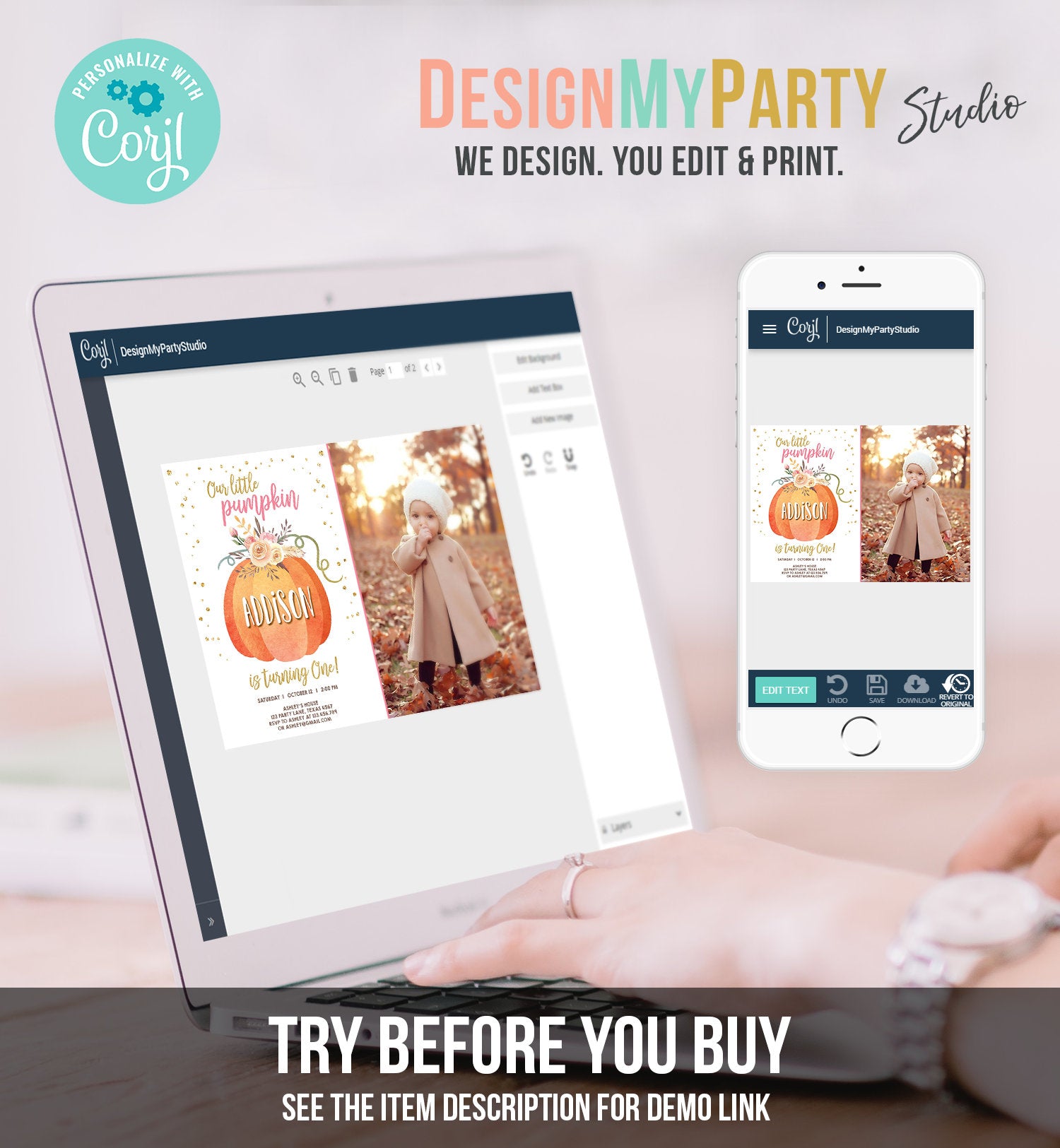 Editable Our Little Pumpkin Birthday Invitation Girl Pink Fall Autumn 1st Birthday Gold Confetti Download Corjl Template Printable 0194