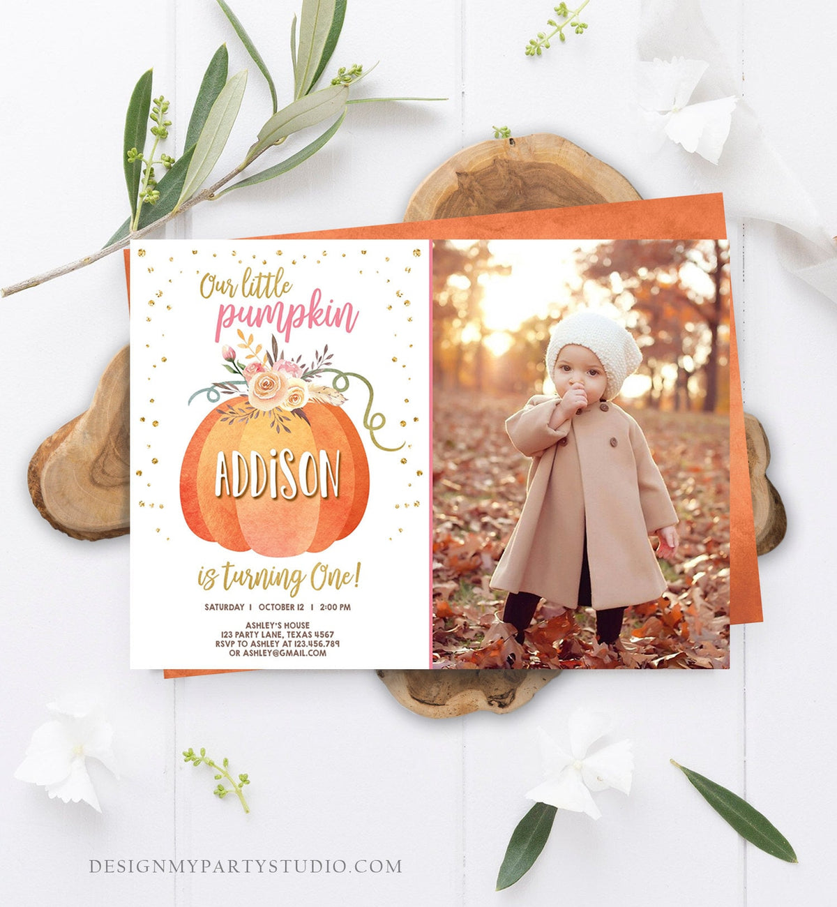 Editable Our Little Pumpkin Birthday Invitation Girl Pink Fall Autumn 1st Birthday Gold Confetti Download Corjl Template Printable 0194