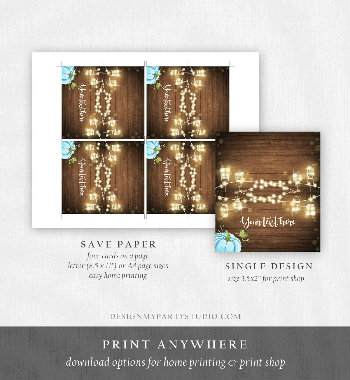 Editable Pumpkin Food Labels Boy Blue Pumpkin Place Card Fall Tent Card Escort Card Wood Rustic Pumpkin Shower Download Corjl Template 0015