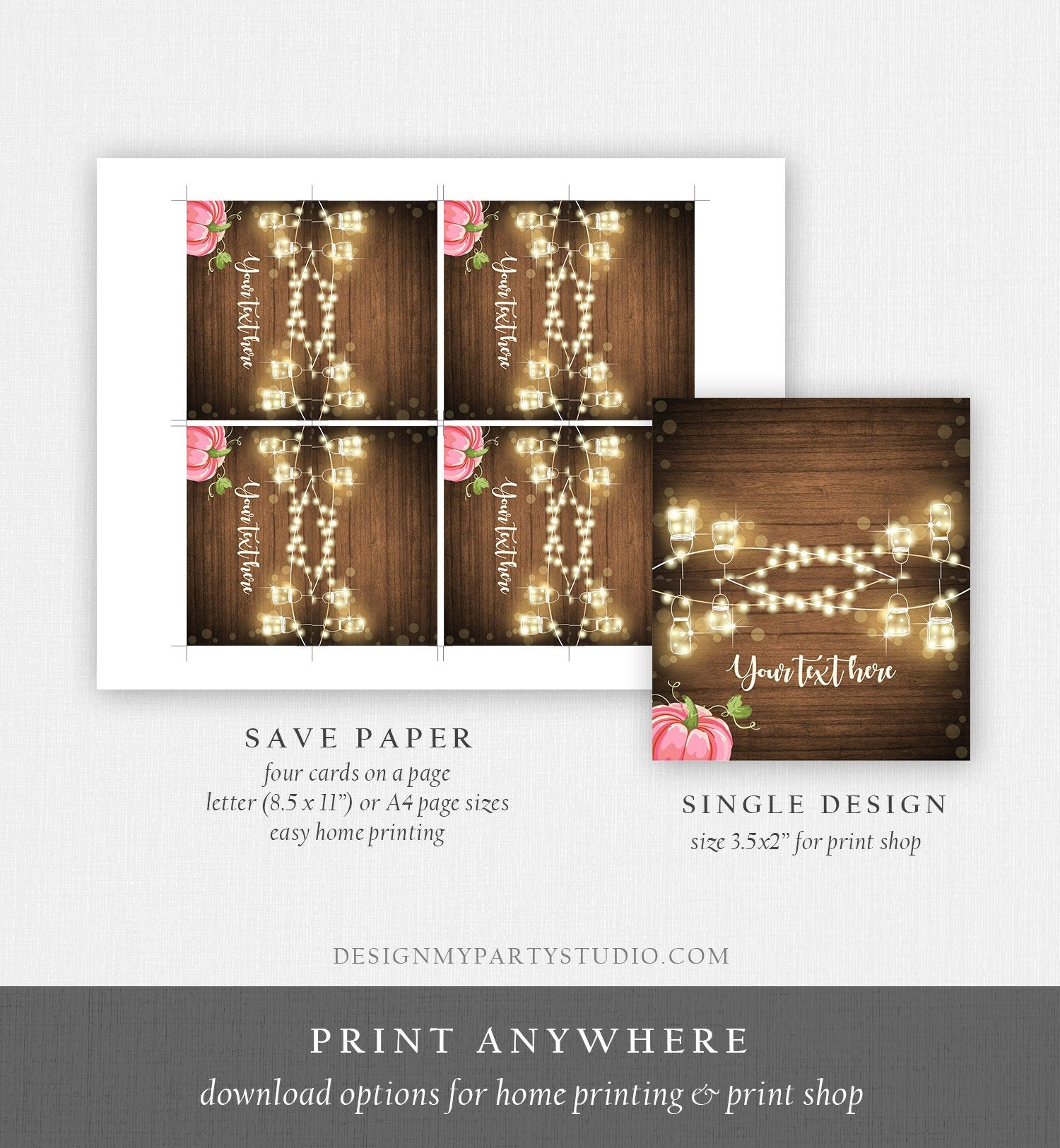 Editable Pumpkin Food Labels Girl Pink Pumpkin Place Card Fall Tent Card Escort Card Wood Rustic Pumpkin Shower Corjl Template 0015