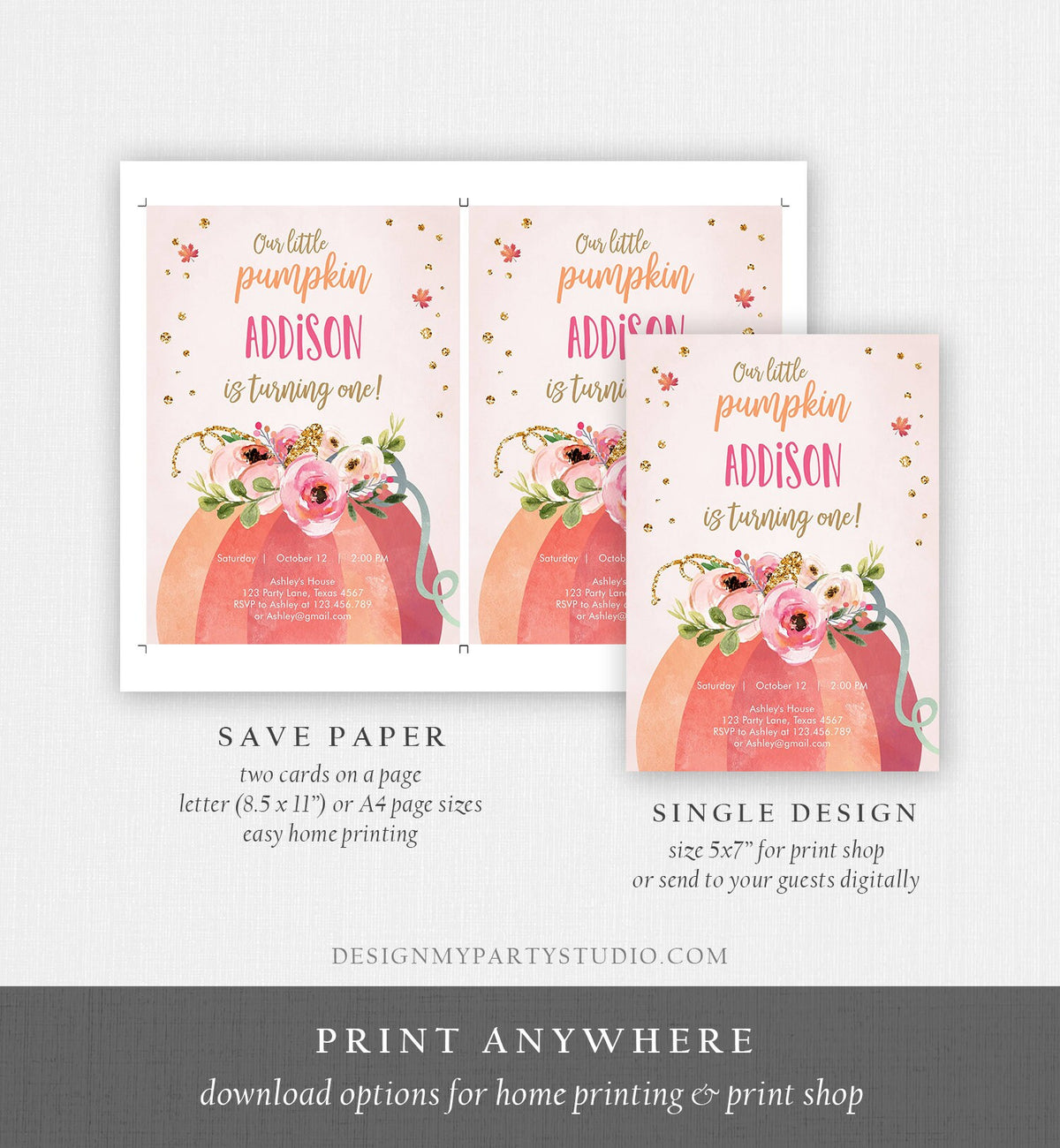 Editable Our Little Pumpkin Birthday Invitation Girl Pink Fall Autumn First Birthday 1st Pink Gold Download Corjl Template Printable 0198