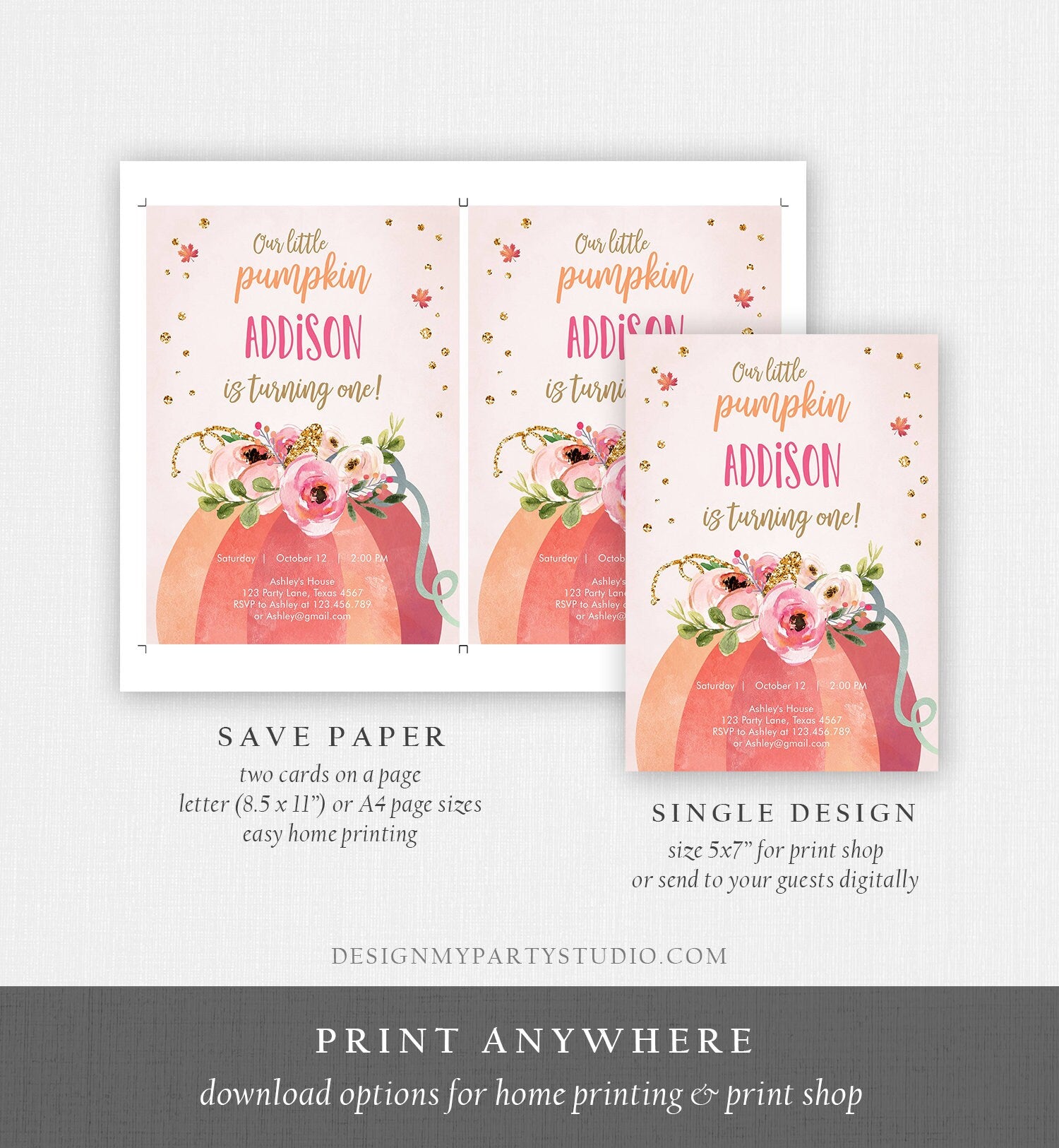 Editable Our Little Pumpkin Birthday Invitation Girl Pink Fall Autumn First Birthday 1st Pink Gold Download Corjl Template Printable 0198