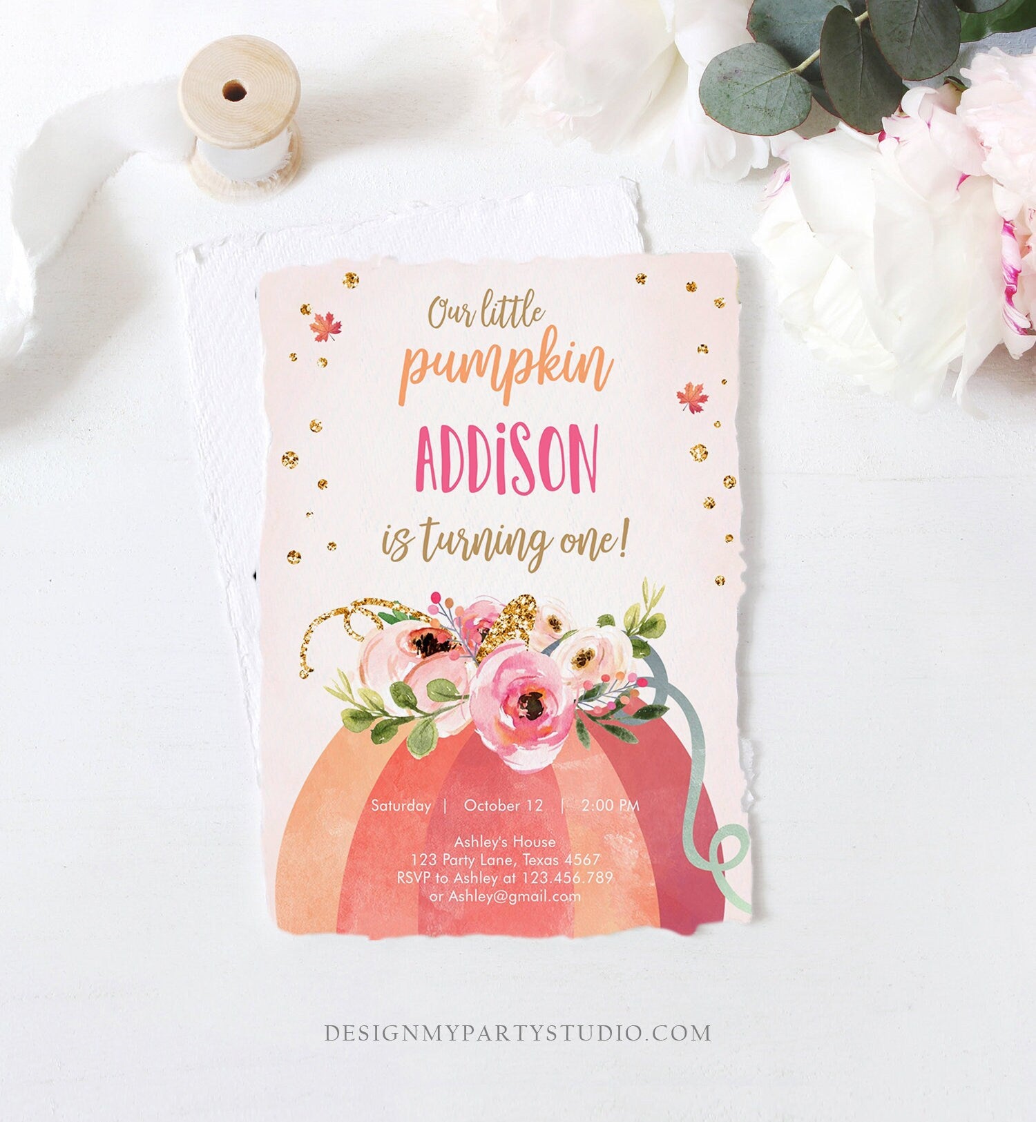 Editable Our Little Pumpkin Birthday Invitation Girl Pink Fall Autumn First Birthday 1st Pink Gold Download Corjl Template Printable 0198