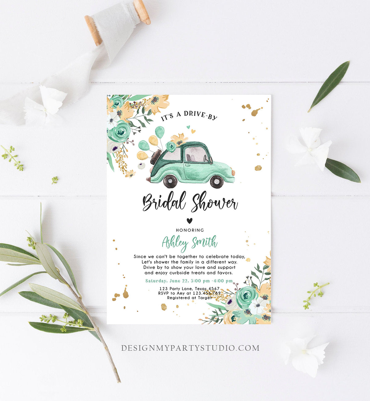 Editable Drive By Bridal Shower Invitation Couples Shower Quarantine Drive Through Floral Wedding Shower Mint Green Corjl Digital 0335
