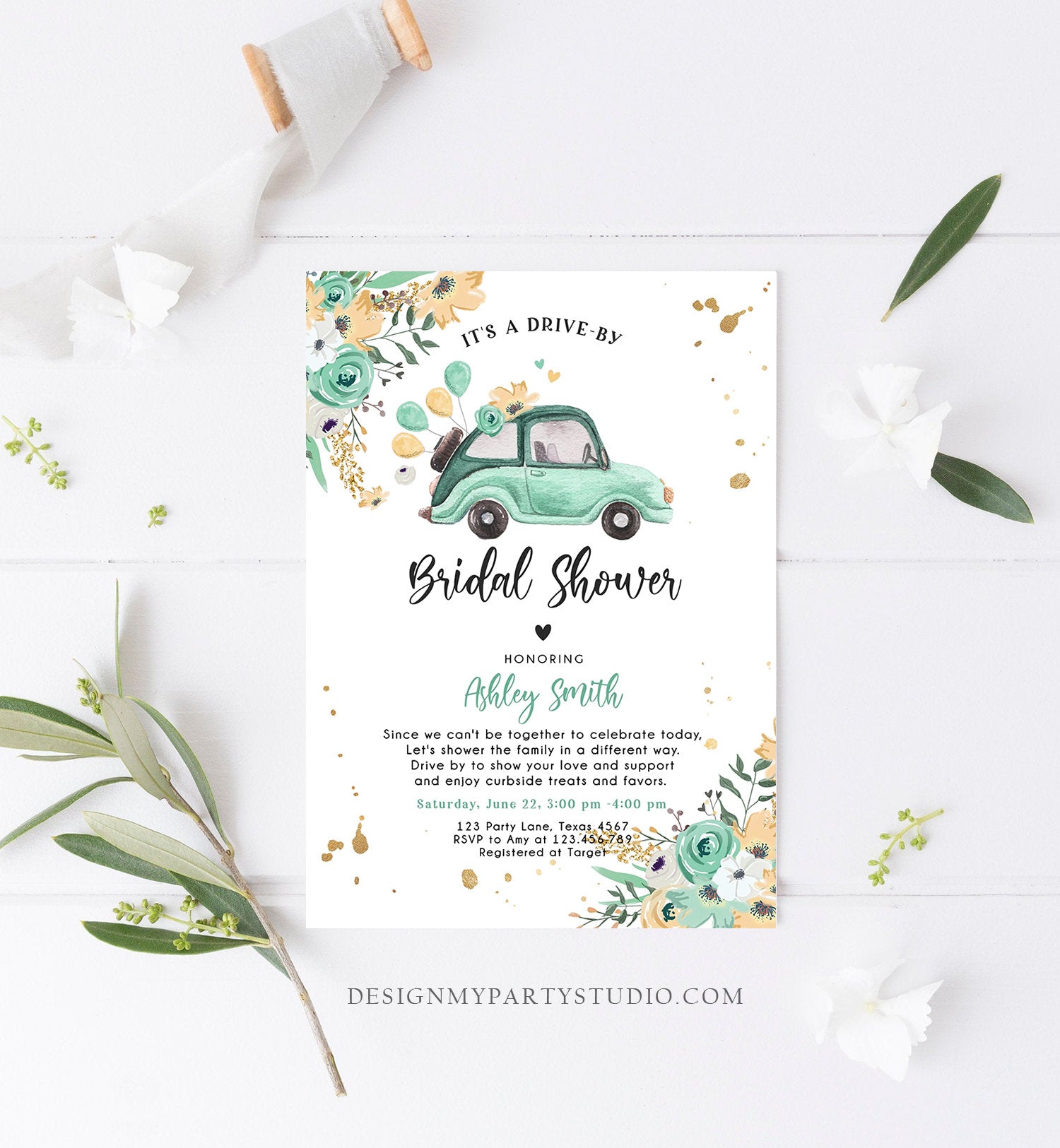 Editable Drive By Bridal Shower Invitation Couples Shower Quarantine Drive Through Floral Wedding Shower Mint Green Corjl Digital 0335