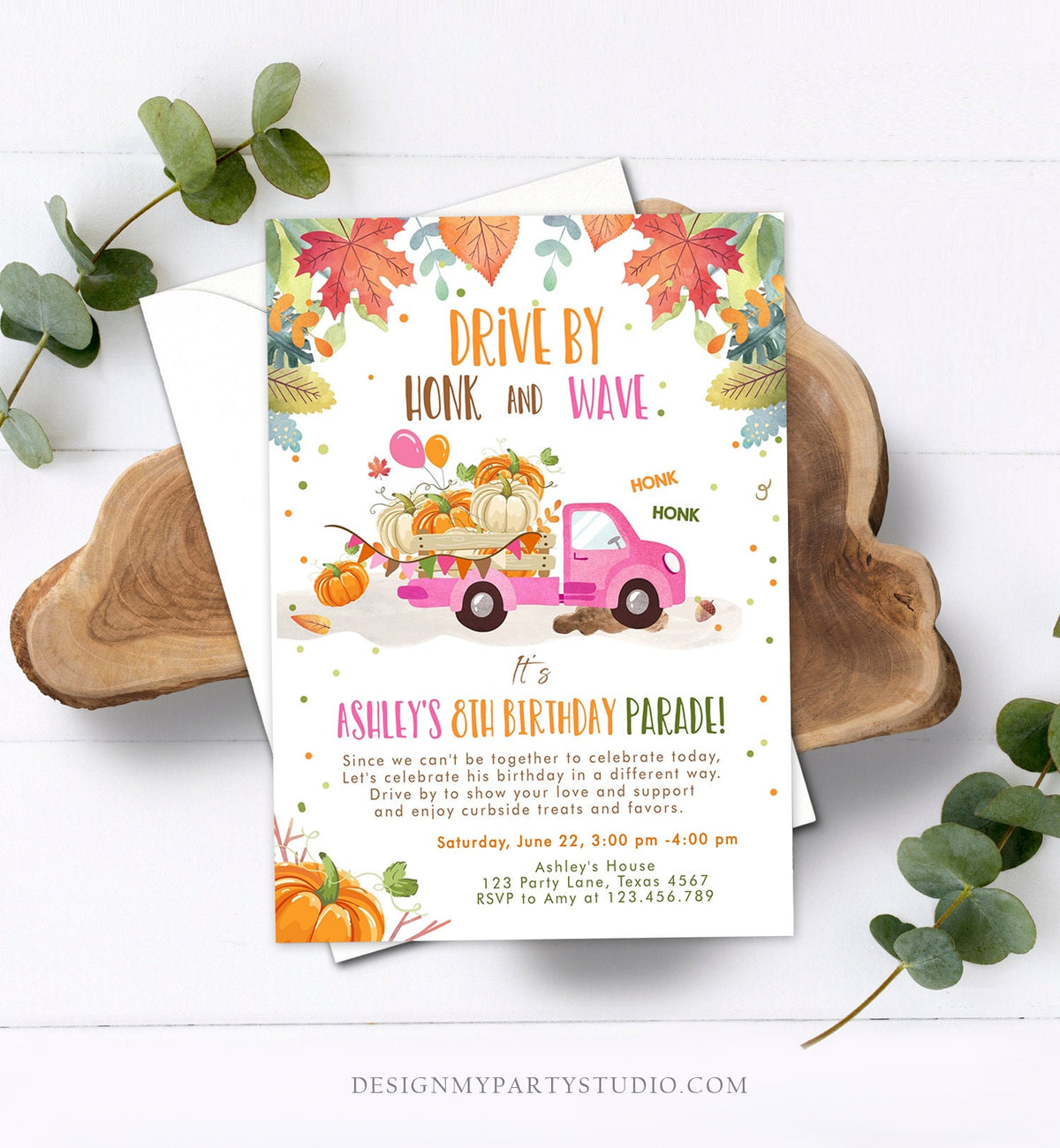 Editable Pumpkin Truck Drive By Birthday Parade Invitation Virtual Party Invite Honk Car Quarantine Fall Instant Download Digital Corjl 0153