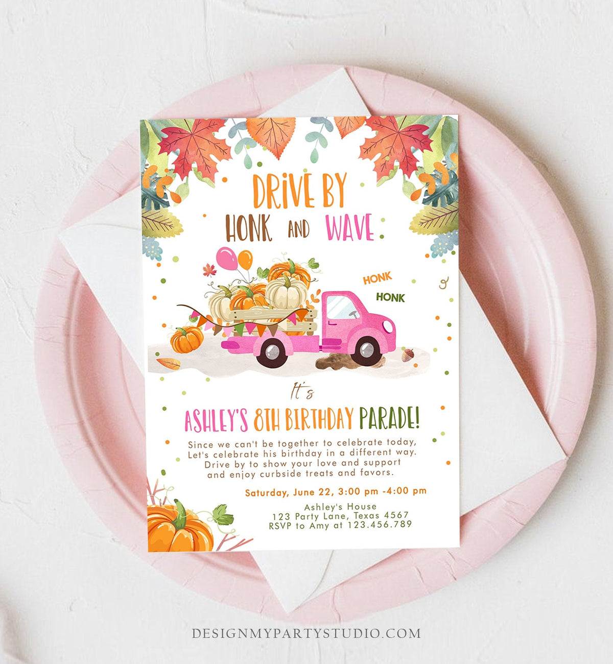 Editable Pumpkin Truck Drive By Birthday Parade Invitation Virtual Party Invite Honk Car Quarantine Fall Instant Download Digital Corjl 0153