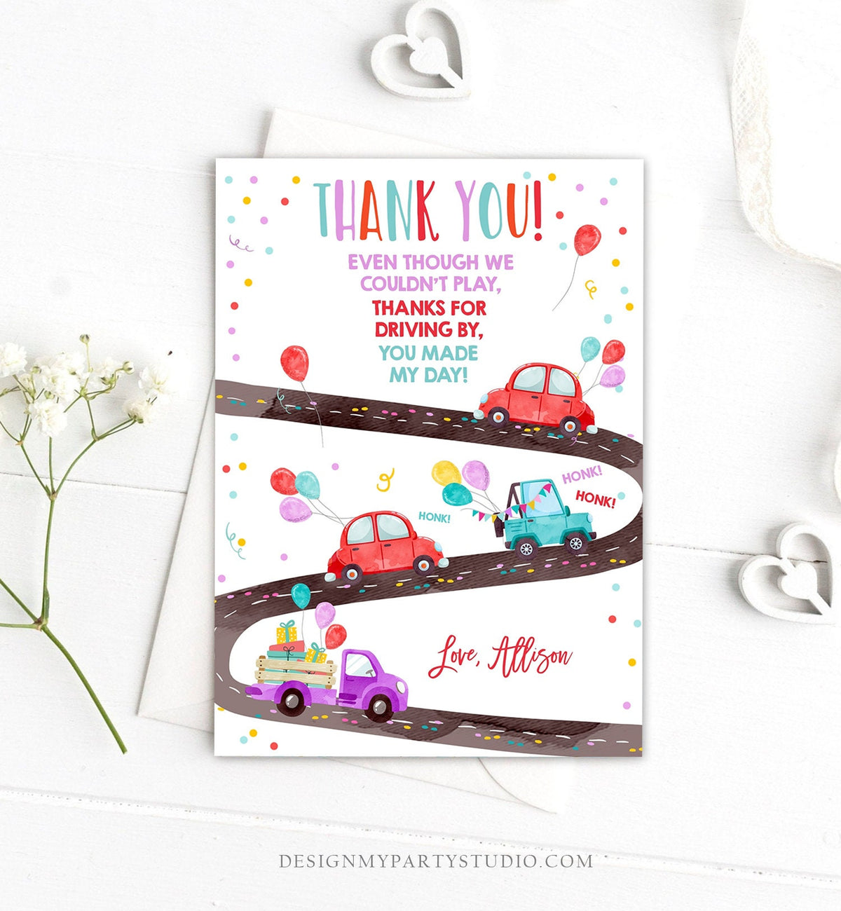 Editable Drive By Birthday Parade Thank You Card Virtual Party Invite Honk Wave Car Girl Red Quarantine Instant Download Digital Corjl 0333