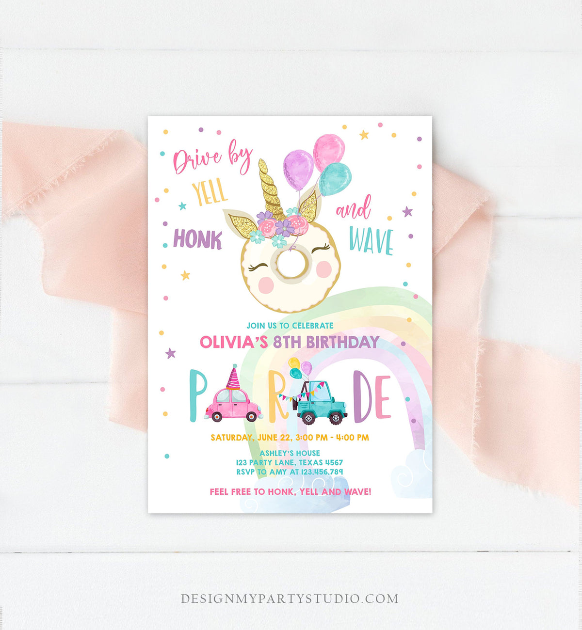 Editable Drive By Donut Birthday Parade Invitation Balloons Rainbow Party Honk Wave Car Girl Pink Drive Through Download Corjl Template 0343